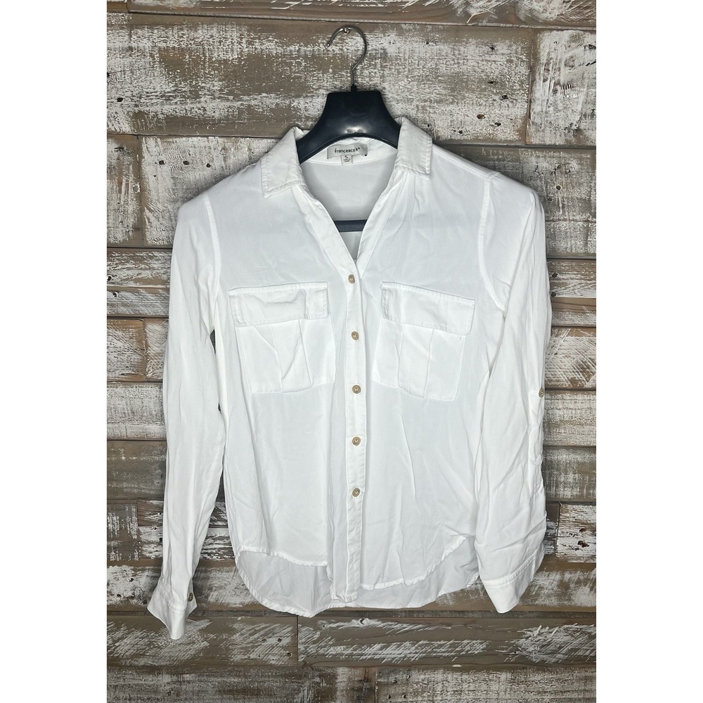 Francesca's‎ womens white long sleeved button up collared blouse S